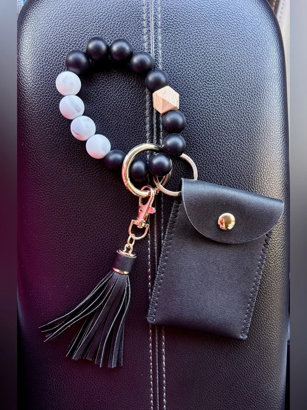Black Beaded Wristlet Keychain with Black Tassel and Mini Pouch